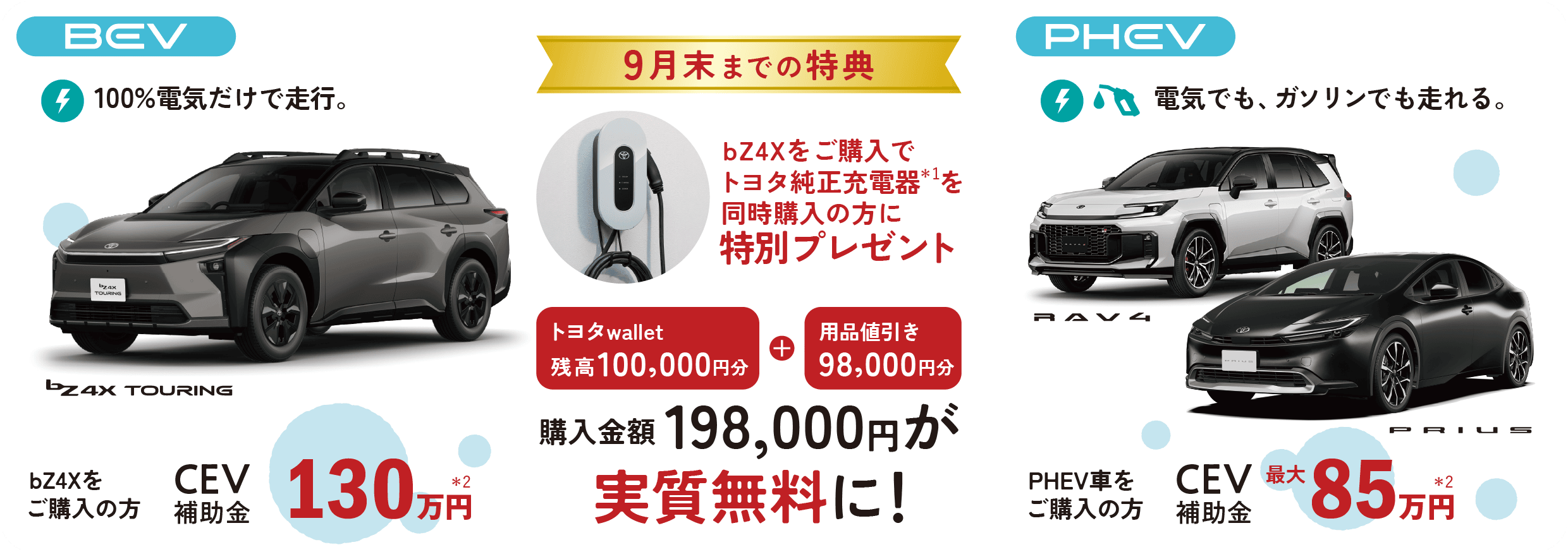 BEV bZ4Xをご購入の方 CEV補助金130万円／PHEV車をご購入の方 CEV補助金85万円 9月末までの特典